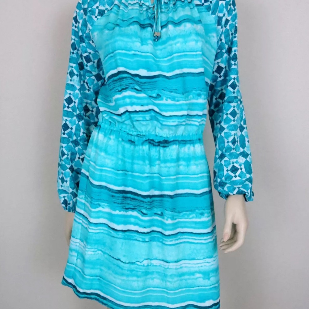 Michael Kors Turquoise Blue Watercolor Geometric Long Sleeve Shift Dress Size 2